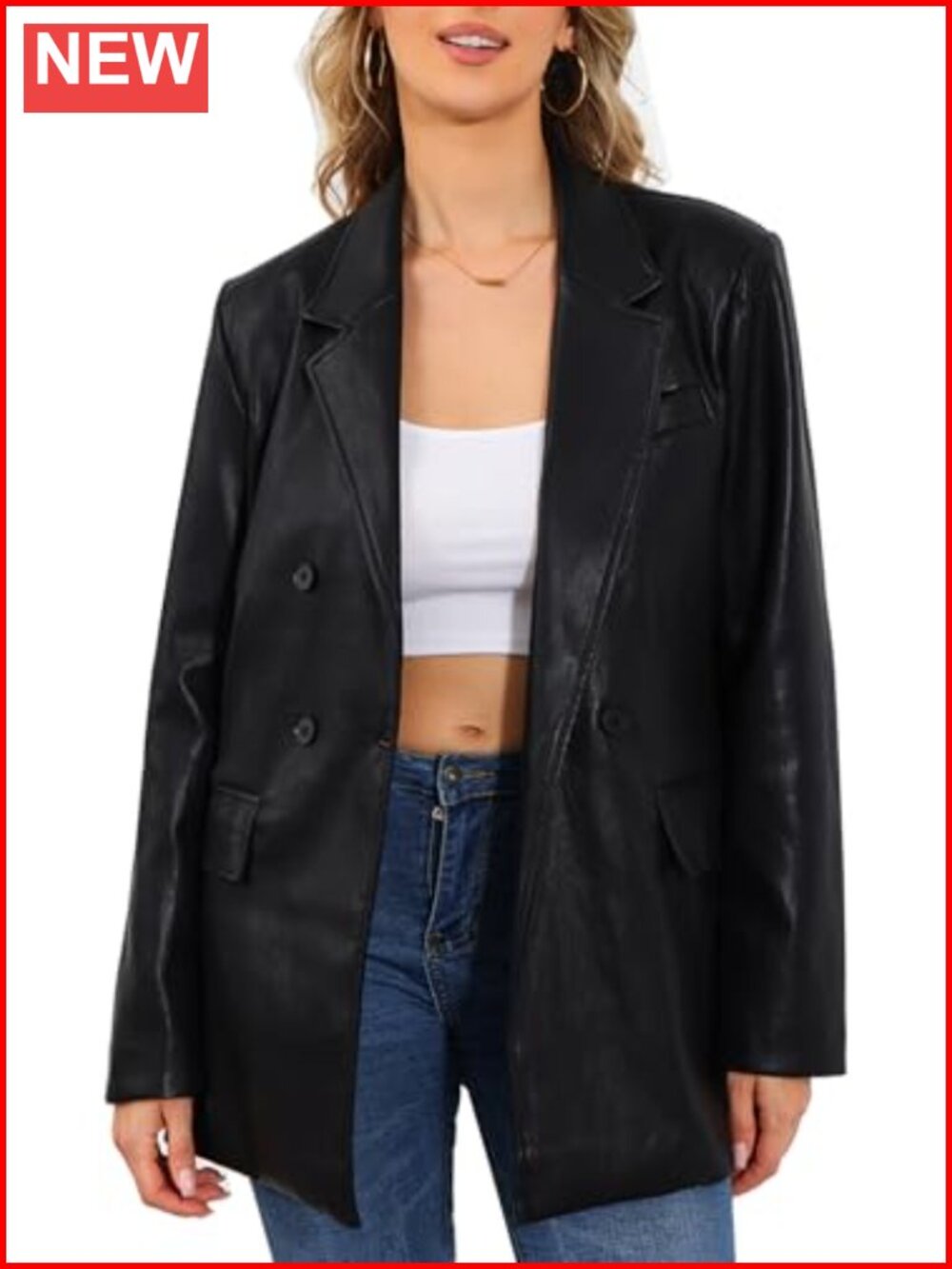 Oversized Faux Leather Blazer Jacket Double-Breasted Business Casual